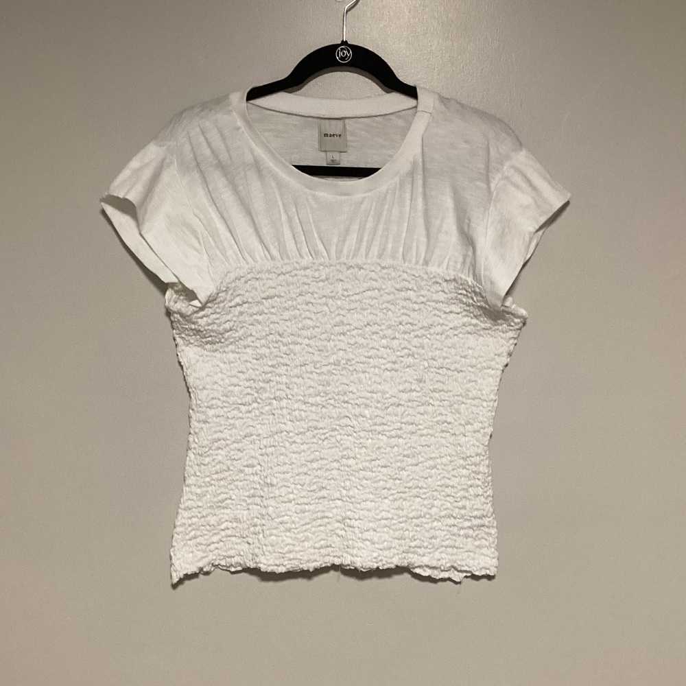 Maeve Women Top Size L Stretch Knit White Short Sleeves Round Neck Pullover